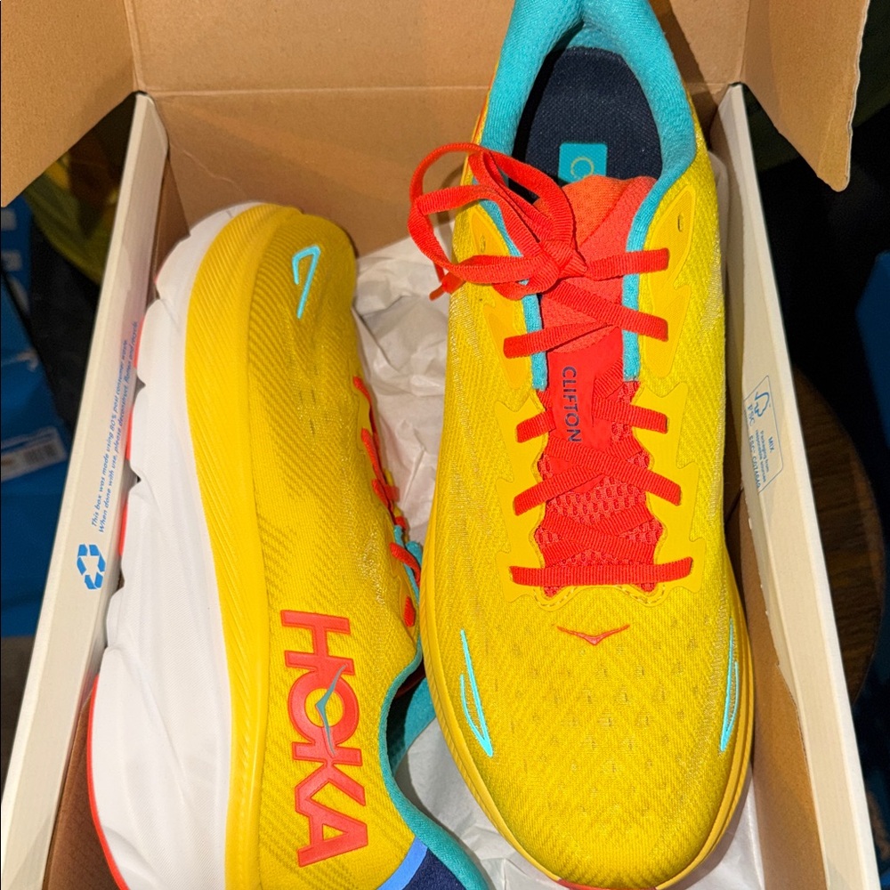 Hoka Men's Clifton Sneakers in Yellow with Red and Aqua Accents